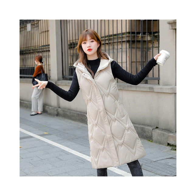 Women's Long Puffer Vest Full Zip Sleeveless Quilted Hooded Gilet Coat