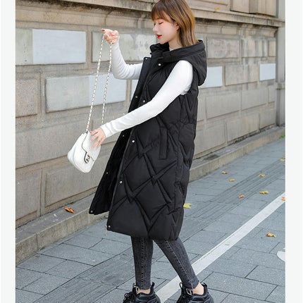 Women's Long Puffer Vest Full Zip Sleeveless Quilted Hooded Gilet Coat