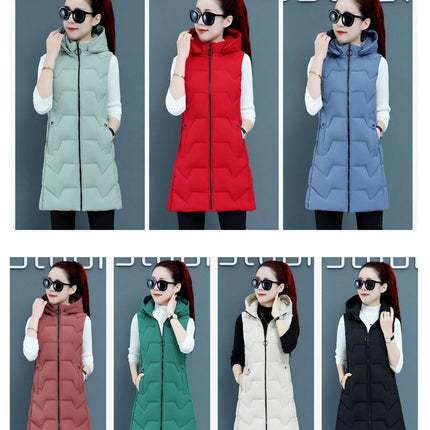 Women's Winter Hooded Puffer Vest Sleeveless Full-Zip Long Coats Jacket