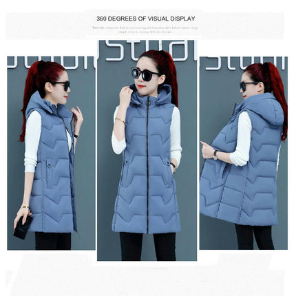 Women's Winter Hooded Puffer Vest Sleeveless Full-Zip Long Coats Jacket