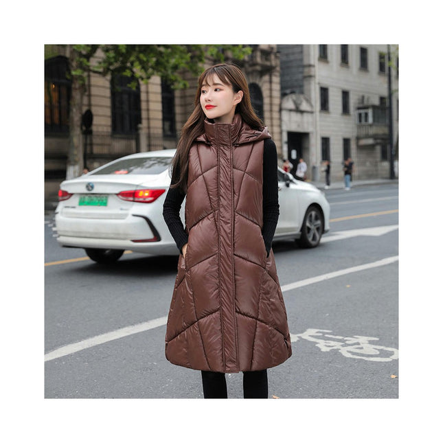 Womens Long Hooded Puffer Vest Sleeveless Winter Full-Zip Warm Coat Jackets with Pockets