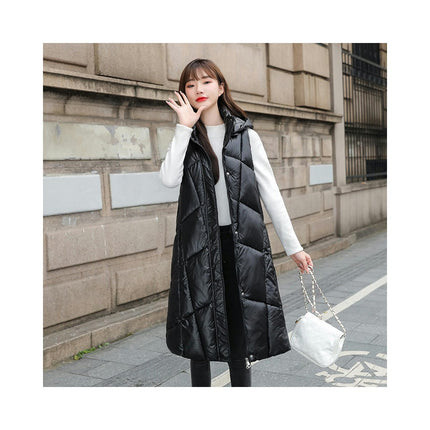 Womens Long Hooded Puffer Vest Sleeveless Winter Full-Zip Warm Coat Jackets with Pockets