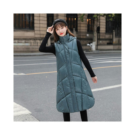Womens Long Hooded Puffer Vest Sleeveless Winter Full-Zip Warm Coat Jackets with Pockets
