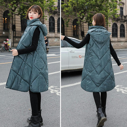 Womens Long Hooded Puffer Vest Sleeveless Winter Full-Zip Warm Coat Jackets with Pockets