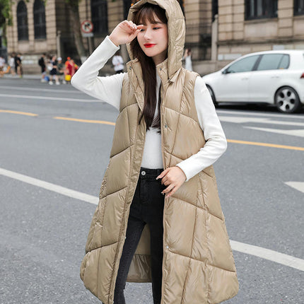 Womens Long Hooded Puffer Vest Sleeveless Winter Full-Zip Warm Coat Jackets with Pockets