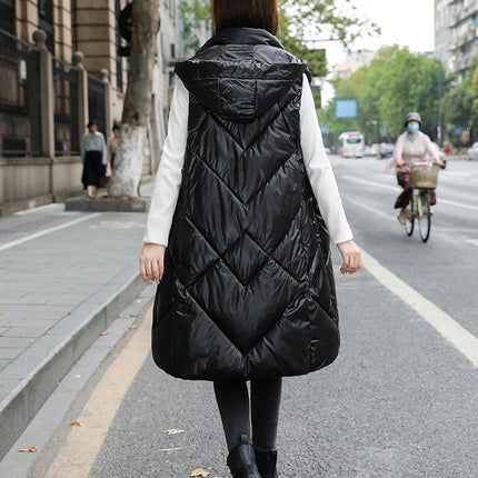 Womens Long Hooded Puffer Vest Sleeveless Winter Full-Zip Warm Coat Jackets with Pockets