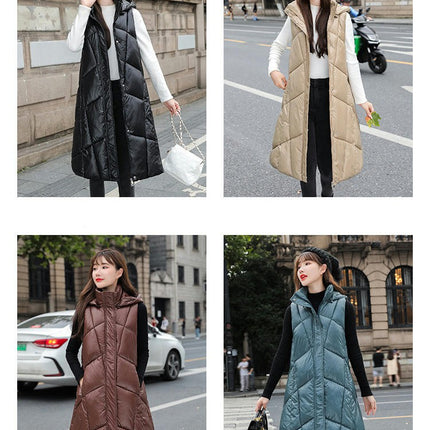 Womens Long Hooded Puffer Vest Sleeveless Winter Full-Zip Warm Coat Jackets with Pockets
