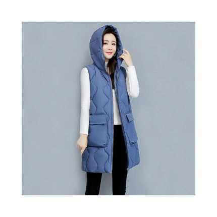 Womens Puffer Vest Long Sleeveless Hooded Jackets Winter Warm Gilet Quilted Coats