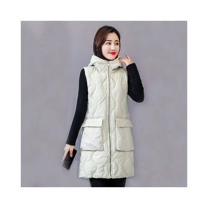 Womens Puffer Vest Long Sleeveless Hooded Jackets Winter Warm Gilet Quilted Coats