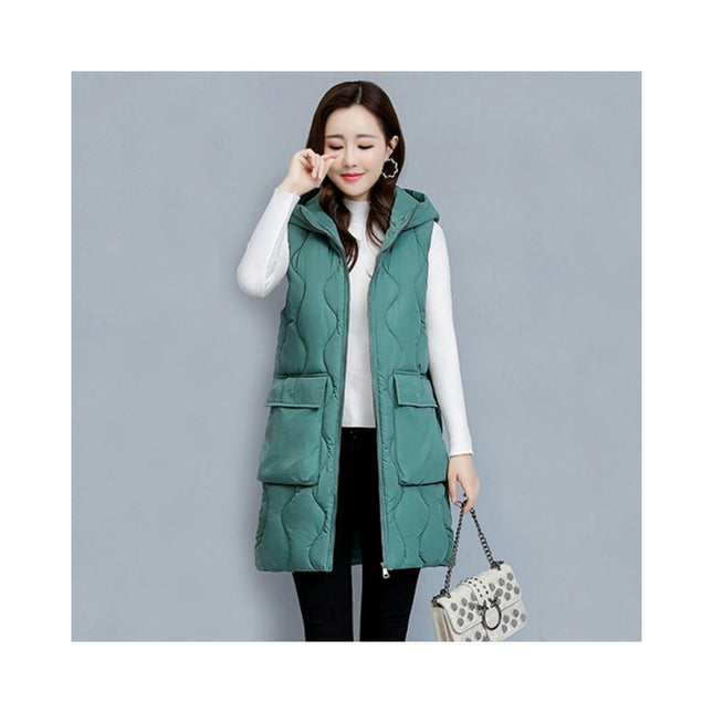 Womens Puffer Vest Long Sleeveless Hooded Jackets Winter Warm Gilet Quilted Coats