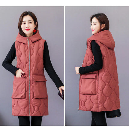 Womens Puffer Vest Long Sleeveless Hooded Jackets Winter Warm Gilet Quilted Coats