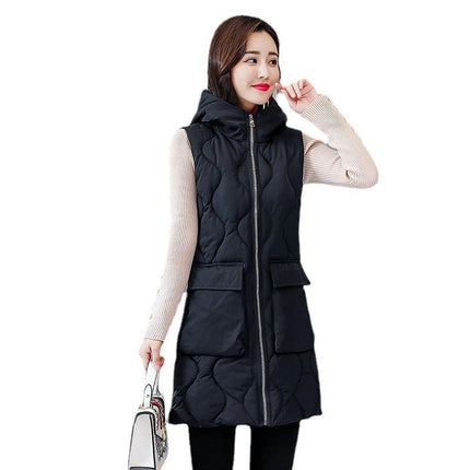 Womens Puffer Vest Long Sleeveless Hooded Jackets Winter Warm Gilet Quilted Coats