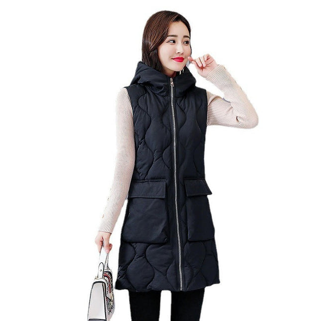 Womens Puffer Vest Long Sleeveless Hooded Jackets Winter Warm Gilet Quilted Coats