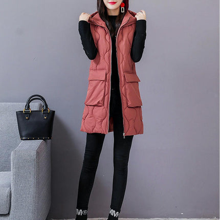 Womens Puffer Vest Long Sleeveless Hooded Jackets Winter Warm Gilet Quilted Coats