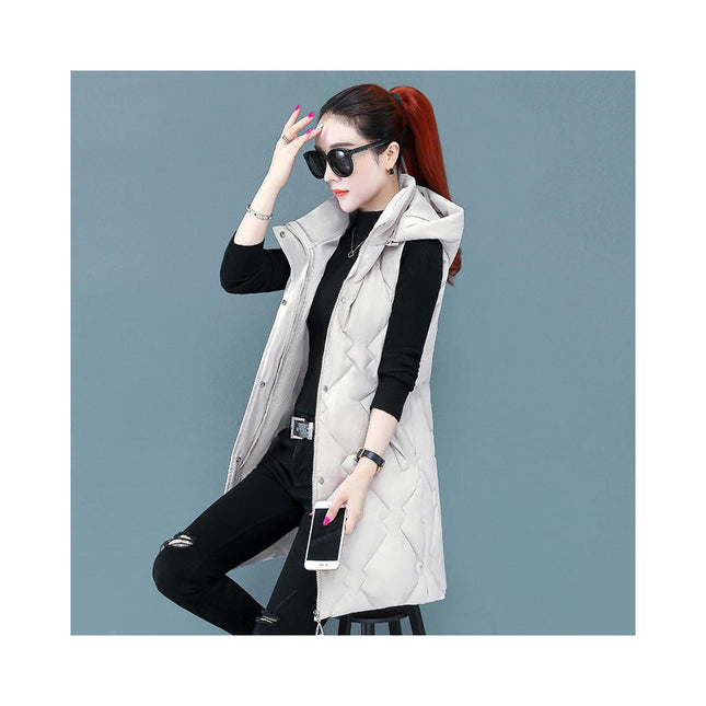 Womens Sleeveless Long Puffer Vest Full-Zip Hooded Jacket Coats with Pockets