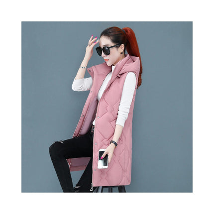 Womens Sleeveless Long Puffer Vest Full-Zip Hooded Jacket Coats with Pockets