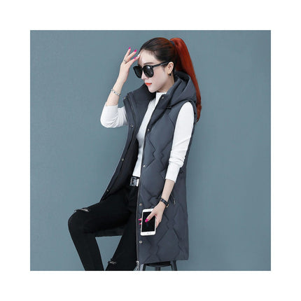Womens Sleeveless Long Puffer Vest Full-Zip Hooded Jacket Coats with Pockets