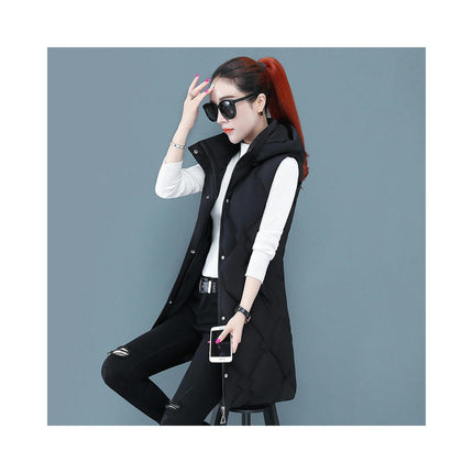 Womens Sleeveless Long Puffer Vest Full-Zip Hooded Jacket Coats with Pockets