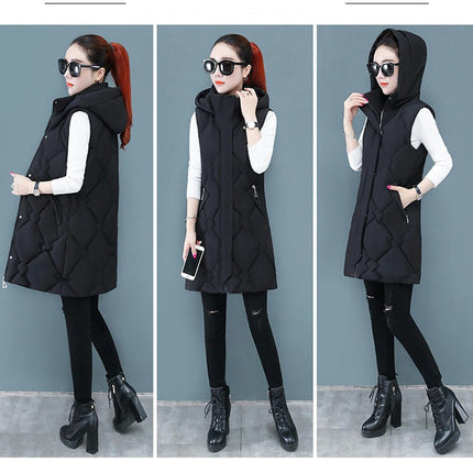 Womens Sleeveless Long Puffer Vest Full-Zip Hooded Jacket Coats with Pockets