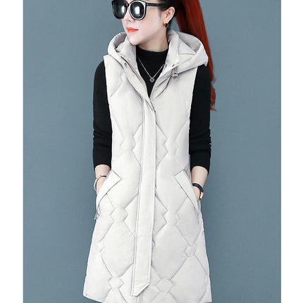 Womens Sleeveless Long Puffer Vest Full-Zip Hooded Jacket Coats with Pockets