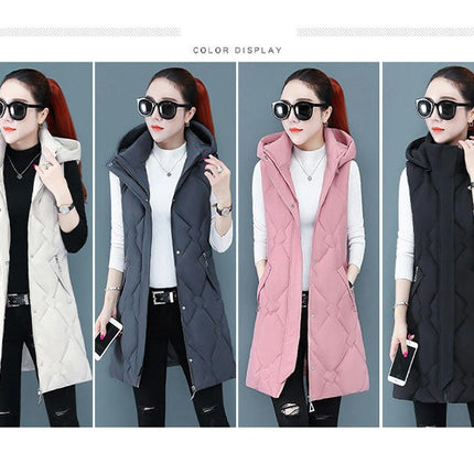 Womens Sleeveless Long Puffer Vest Full-Zip Hooded Jacket Coats with Pockets