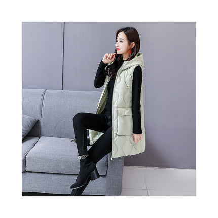 Women's Long Puffer Vest Winter Quilted Full-Zip Sleeveless Hooded Coat