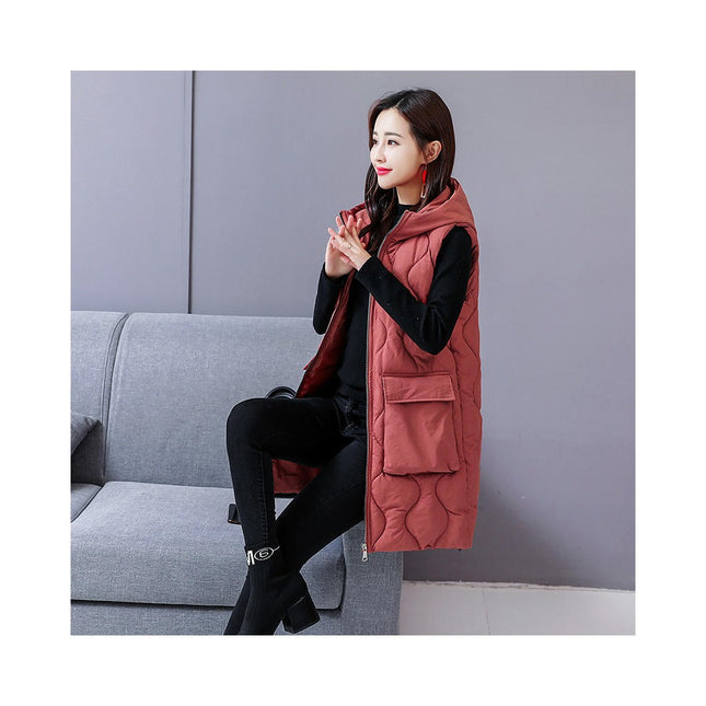 Women's Long Puffer Vest Winter Quilted Full-Zip Sleeveless Hooded Coat