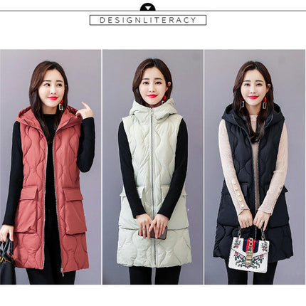 Women's Long Puffer Vest Winter Quilted Full-Zip Sleeveless Hooded Coat