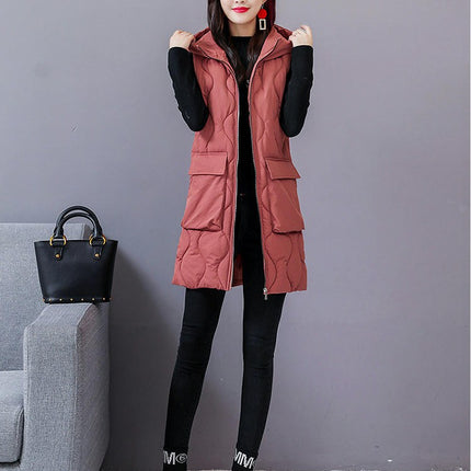 Women's Long Puffer Vest Winter Quilted Full-Zip Sleeveless Hooded Coat