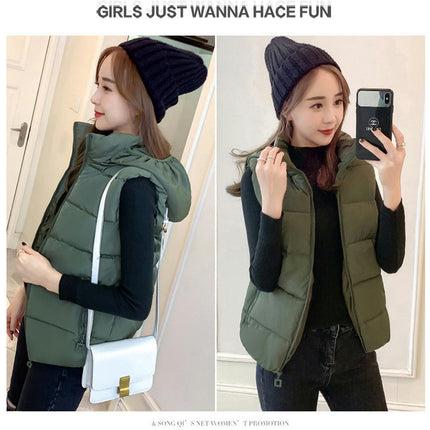 Women's Short Puffer Vest Winter Quilted Full-Zip Sleeveless Hooded Coat