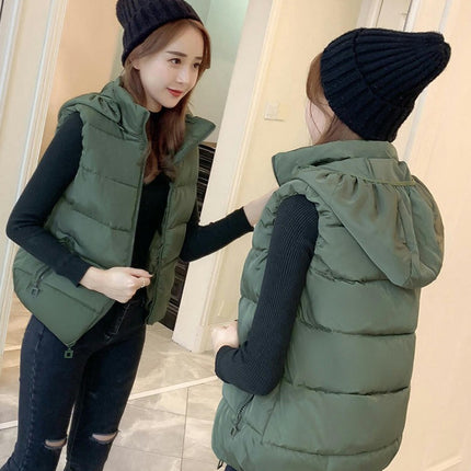 Women's Short Puffer Vest Winter Quilted Full-Zip Sleeveless Hooded Coat