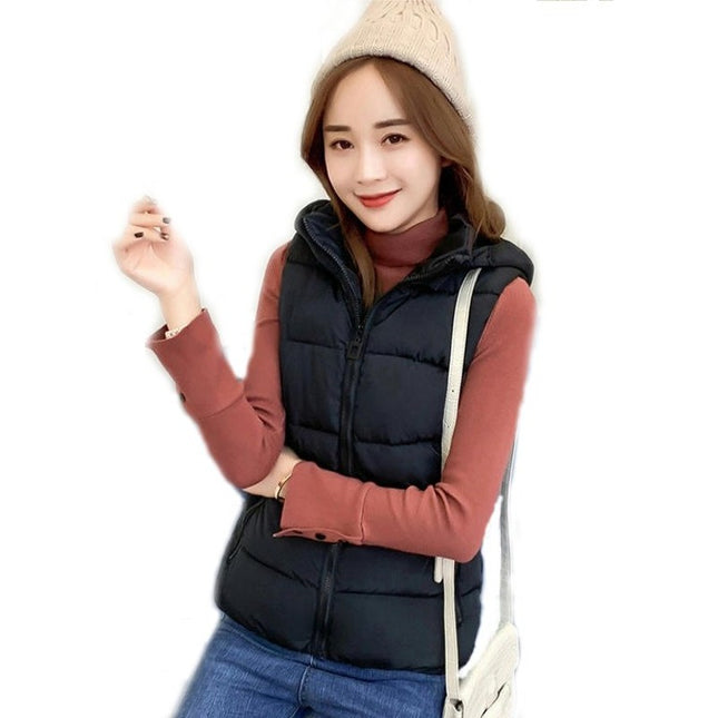 Women's Short Puffer Vest Winter Quilted Full-Zip Sleeveless Hooded Coat