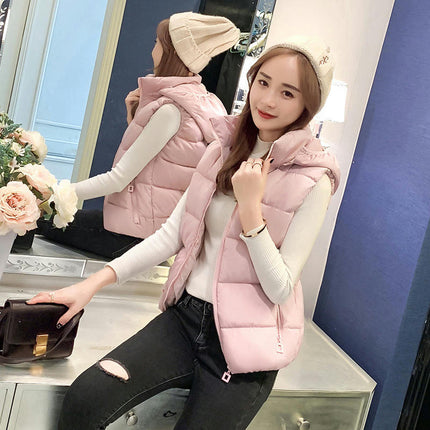 Women's Short Puffer Vest Winter Quilted Full-Zip Sleeveless Hooded Coat