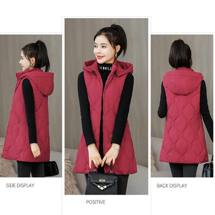 Womens Quilted Puffer Vest Sleeveless Hooded Long Jackets Winter Warm Gilet Coats