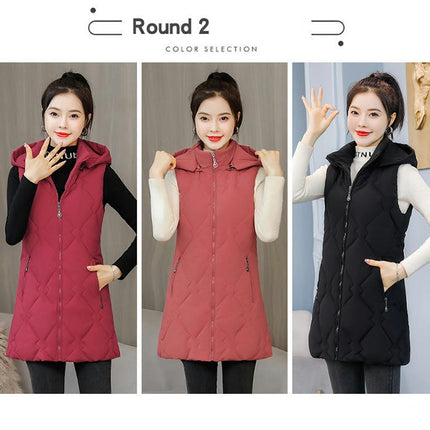 Womens Quilted Puffer Vest Sleeveless Hooded Long Jackets Winter Warm Gilet Coats