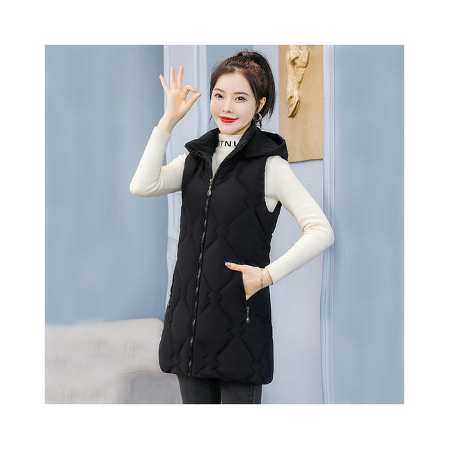 Womens Quilted Puffer Vest Sleeveless Hooded Long Jackets Winter Warm Gilet Coats