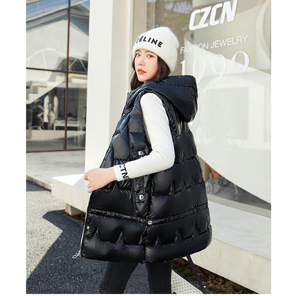Womens Long Puffer Vest Sleeveless Full-Zip Hooded Jacket Coats
