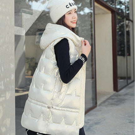 Womens Long Puffer Vest Sleeveless Full-Zip Hooded Jacket Coats