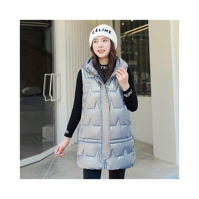 Womens Long Puffer Vest Sleeveless Full-Zip Hooded Jacket Coats