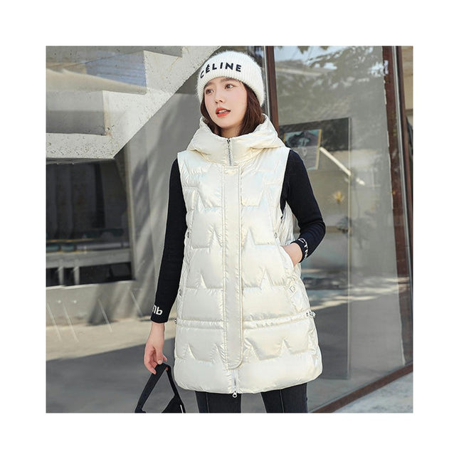 Womens Long Puffer Vest Sleeveless Full-Zip Hooded Jacket Coats