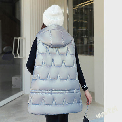Womens Long Puffer Vest Sleeveless Full-Zip Hooded Jacket Coats