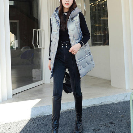 Womens Long Puffer Vest Sleeveless Full-Zip Hooded Jacket Coats