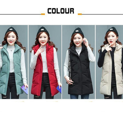 Women Long Puffer Vest Hooded Padded Sleeveless Gilet Coats