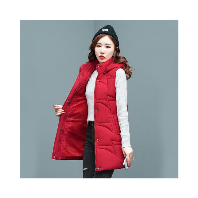 Women Long Puffer Vest Hooded Padded Sleeveless Gilet Coats
