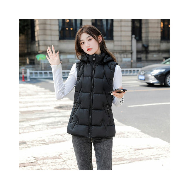 Womens Puffer Vest Stand Collar Thick Hooded Sleeveless Long Coats Jacket