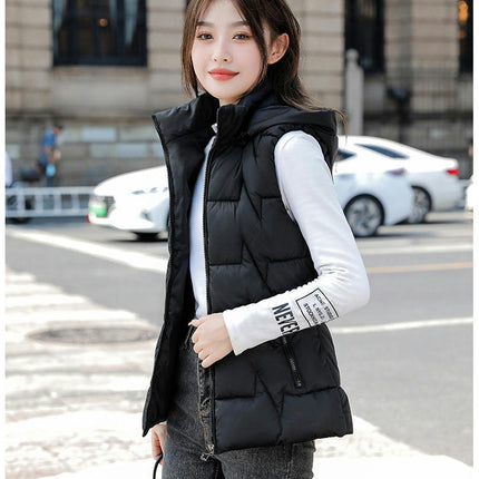 Womens Puffer Vest Stand Collar Thick Hooded Sleeveless Long Coats Jacket