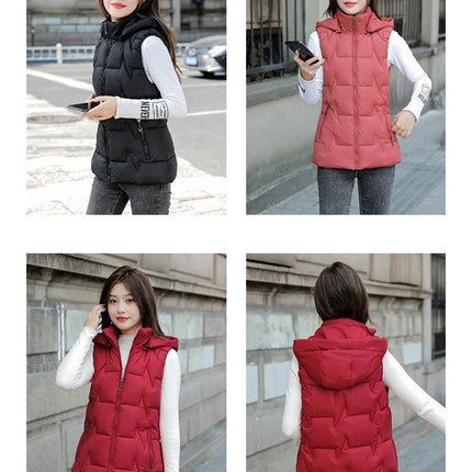 Womens Puffer Vest Stand Collar Thick Hooded Sleeveless Long Coats Jacket