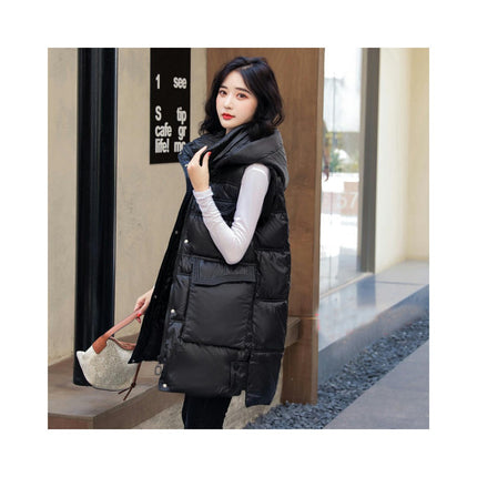 Women Long Puffer Vest Sleeveless Hooded Winter Jacket Outwear