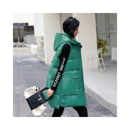 Women Long Puffer Vest Sleeveless Hooded Winter Jacket Outwear