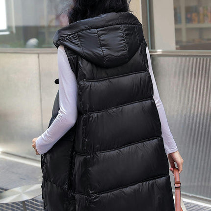 Women Long Puffer Vest Sleeveless Hooded Winter Jacket Outwear